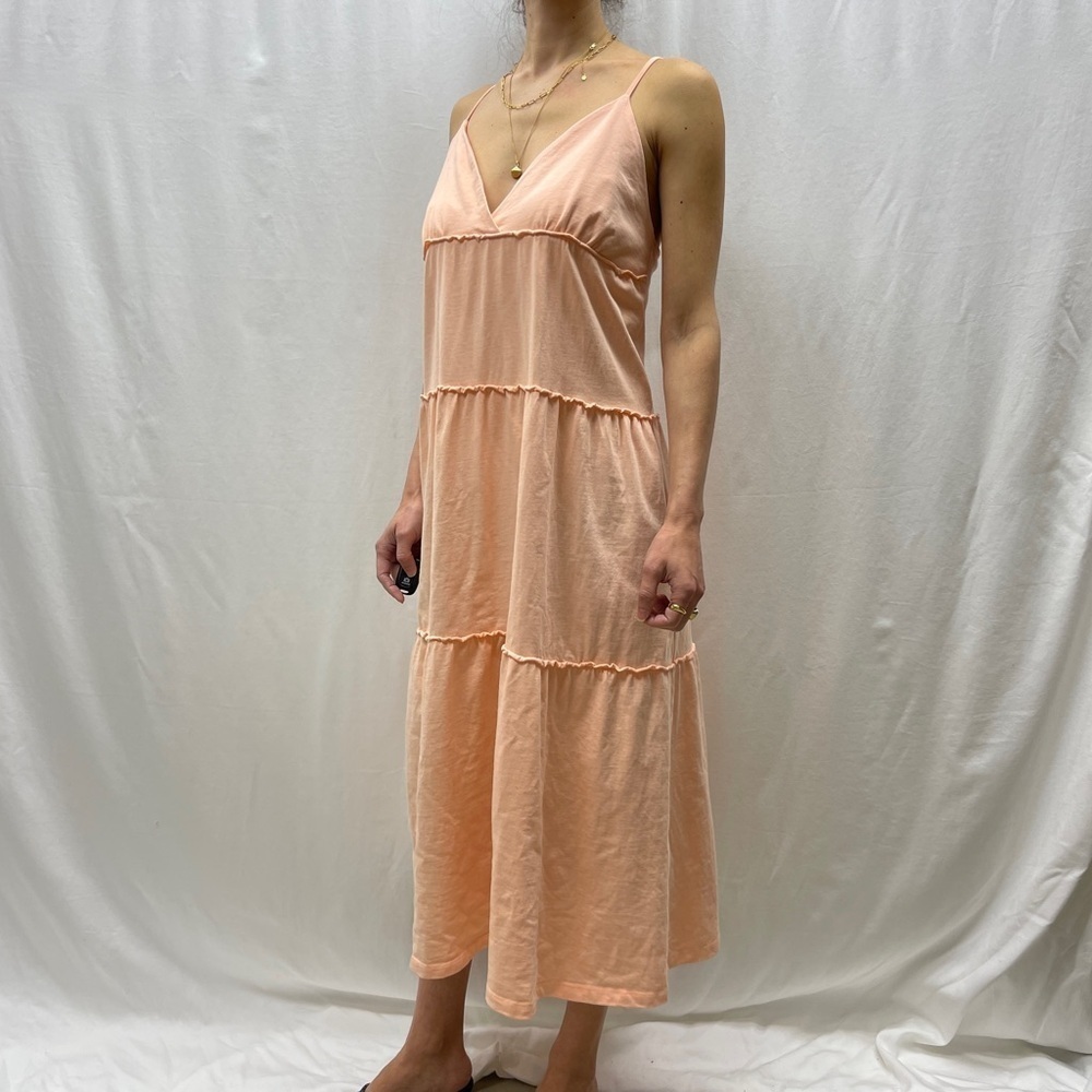 Simons tiered midi dress size M cotton salmon peach beach vacation fit flare